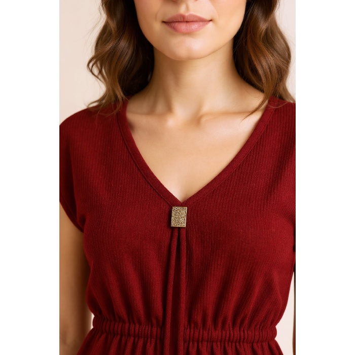 Kadın Bordo Yanları Yırtmaçlı Tokalı V Yaka Mini Plaj Elbisesi