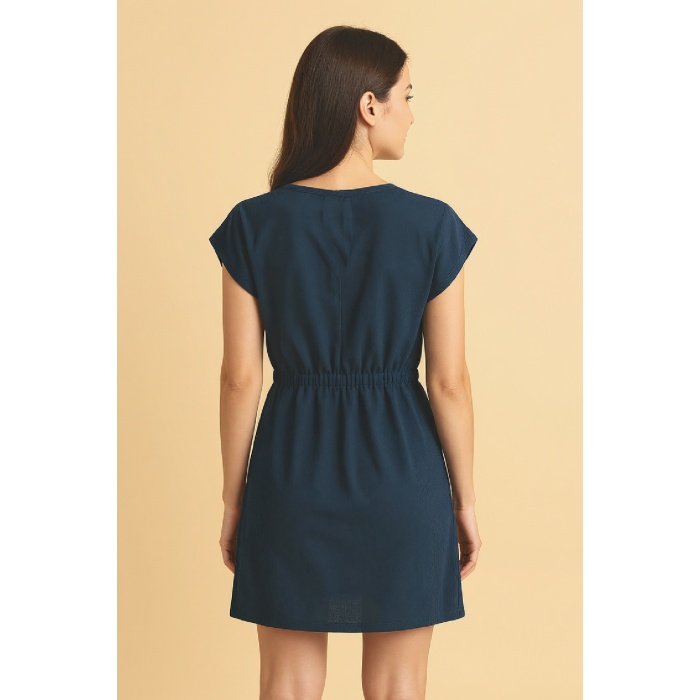 Kadın Lacivert Yanları Yırtmaçlı Tokalı V Yaka Mini Plaj Elbisesi
