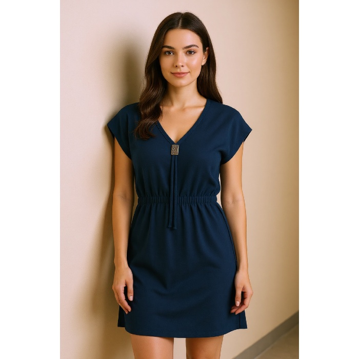 Kadın Lacivert Yanları Yırtmaçlı Tokalı V Yaka Mini Plaj Elbisesi