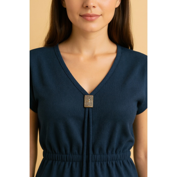 Kadın Lacivert Yanları Yırtmaçlı Tokalı V Yaka Mini Plaj Elbisesi