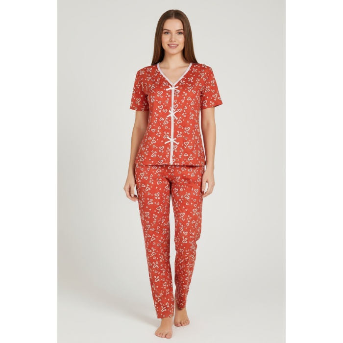 Kadın Turuncu Kalp Desenli Fiyonklu Kısa Kollu Uzun Pijama Takımı