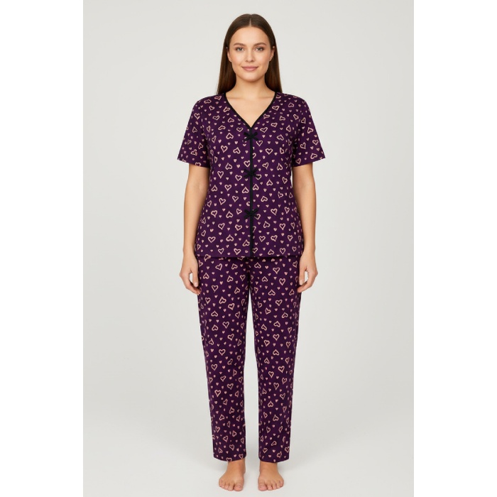 Kadın Mor Kalp Desenli Fiyonklu Kısa Kollu Uzun Pijama Takımı