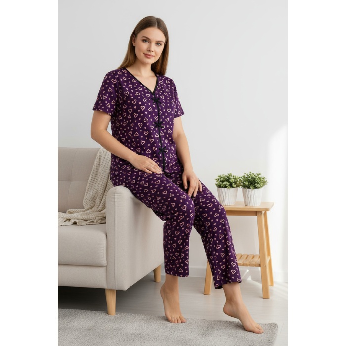Kadın Mor Kalp Desenli Fiyonklu Kısa Kollu Uzun Pijama Takımı
