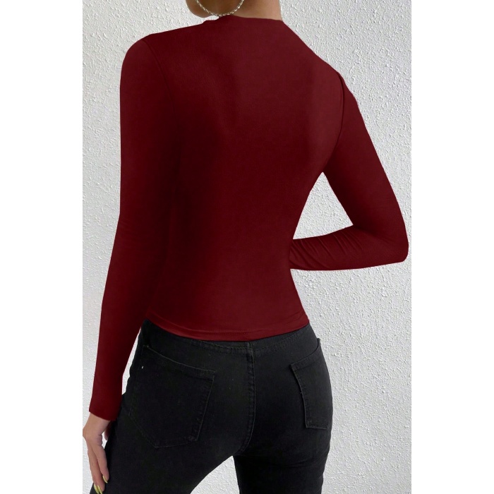 Kadın Bordo Belden ve Boyundan Büzgü Detaylı Uzun Kollu Bluz