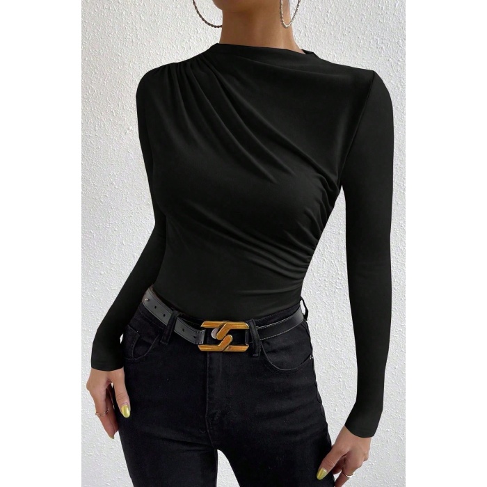 Kadın Siyah Belden ve Boyundan Büzgü Detaylı Uzun Kollu Bluz