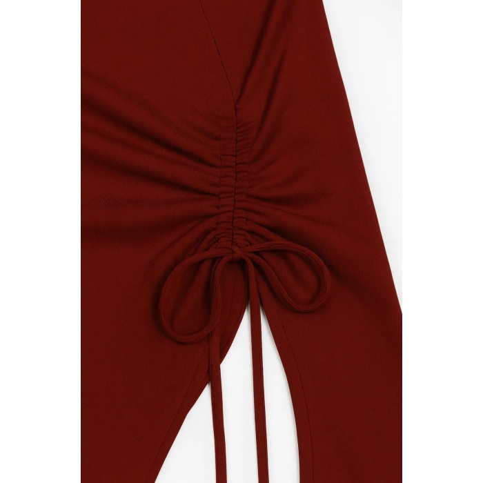 Kadın Bordo Uzun İspanyol Kollu Asimetirik Yaka Yandan Bağlamalı Drapeli Bluz