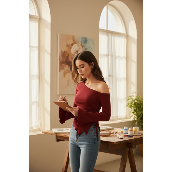 Kadın Bordo Uzun İspanyol Kollu Asimetirik Yaka Yandan Bağlamalı Drapeli Bluz