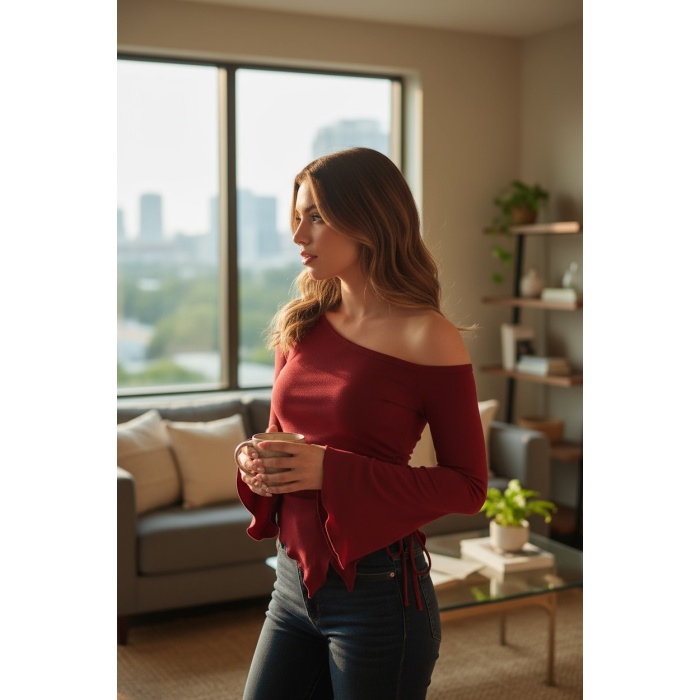 Kadın Bordo Uzun İspanyol Kollu Asimetirik Yaka Yandan Bağlamalı Drapeli Bluz