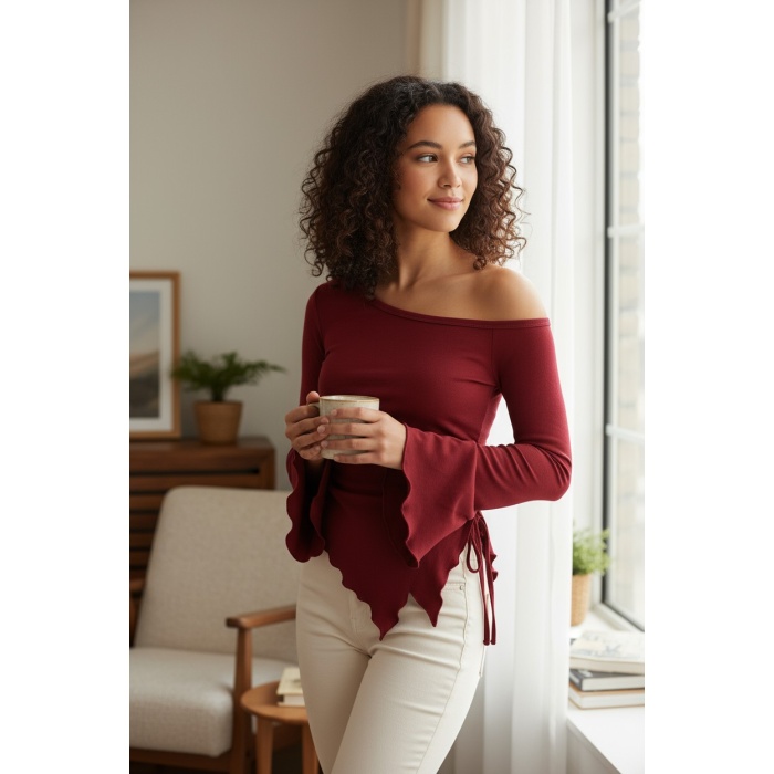 Kadın Bordo Uzun İspanyol Kollu Asimetirik Yaka Yandan Bağlamalı Drapeli Bluz