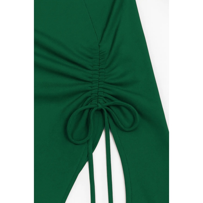 Kadın Yeşil Uzun İspanyol Kollu Asimetirik Yaka Yandan Bağlamalı Drapeli Bluz