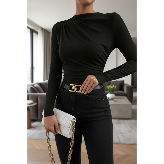 Kadın Siyah Belden ve Boyundan Büzgü Detaylı Uzun Kollu Bluz