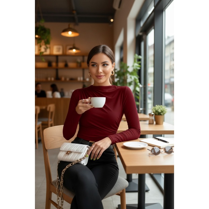 Kadın Bordo Belden ve Boyundan Büzgü Detaylı Uzun Kollu Bluz