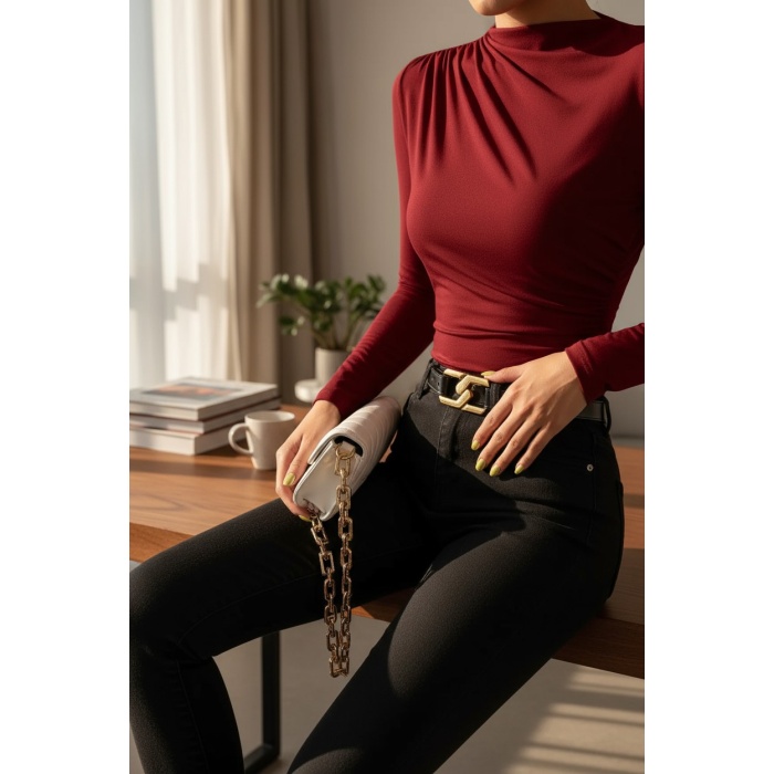 Kadın Bordo Belden ve Boyundan Büzgü Detaylı Uzun Kollu Bluz