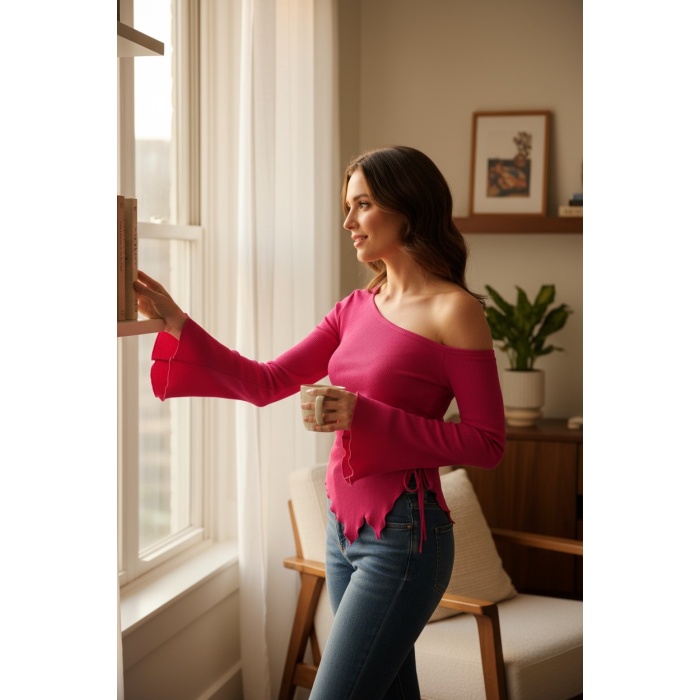 Kadın Fuşya Uzun İspanyol Kollu Asimetirik Yaka Yandan Bağlamalı Drapeli Bluz