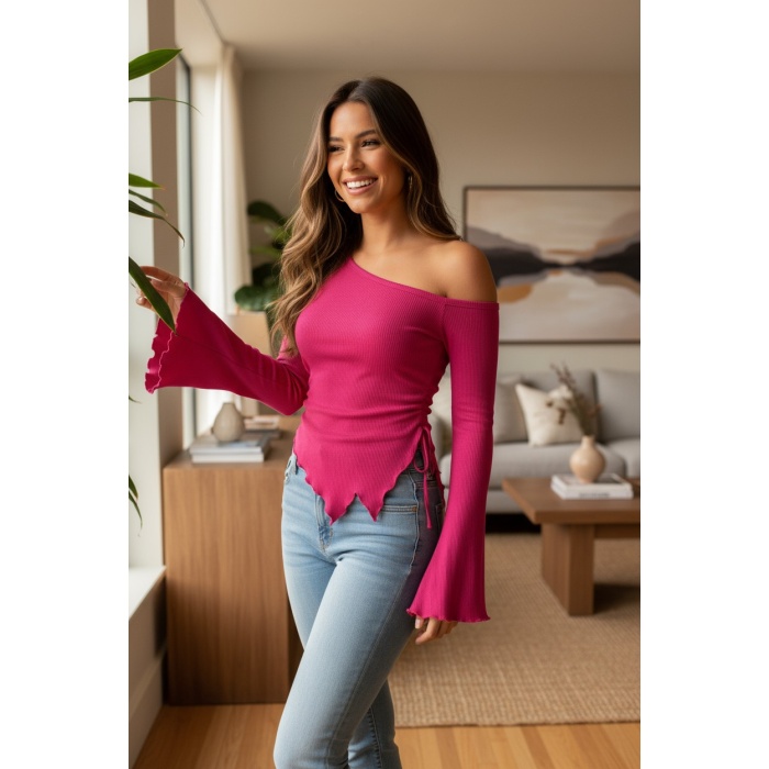 Kadın Fuşya Uzun İspanyol Kollu Asimetirik Yaka Yandan Bağlamalı Drapeli Bluz