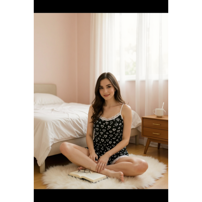 Kadın Siyah Kalp Desenli Askılı Şortlu Dantelli Pijama Takımı