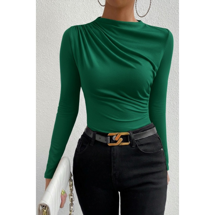 Kadın Yeşil Belden ve Boyundan Büzgü Detaylı Uzun Kollu Bluz