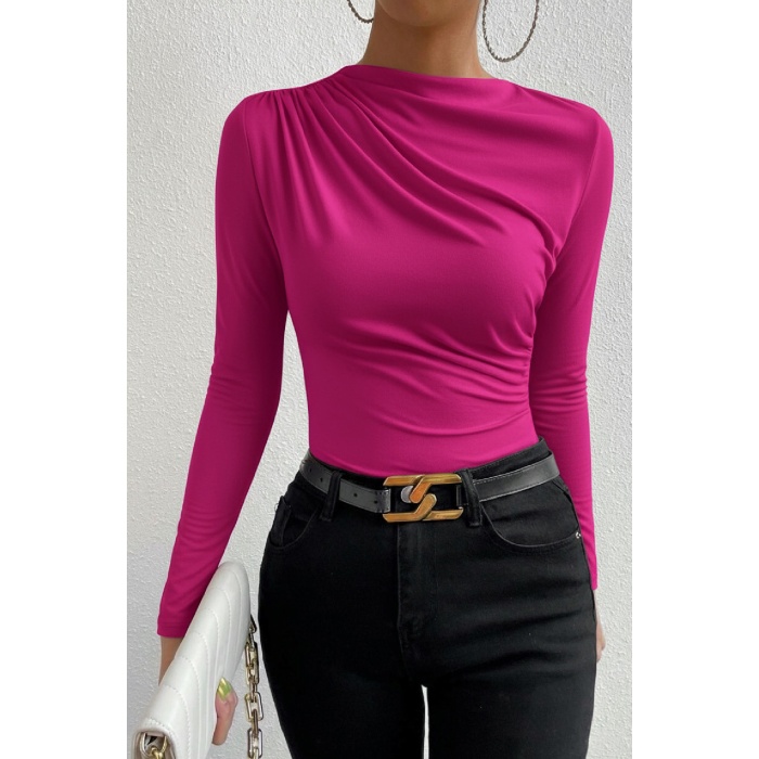 Kadın Fuşya Belden ve Boyundan Büzgü Detaylı Uzun Kollu Bluz