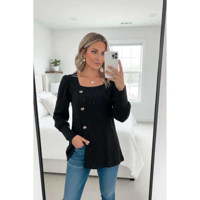 Kadın Uzun Kollu Düğmeli Mevsimlik Bluz – Yumuşak Dokulu, Esnek ve Sıcak Tutan Kumaş