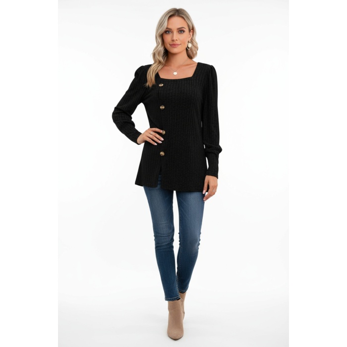 Kadın Uzun Kollu Düğmeli Mevsimlik Bluz – Yumuşak Dokulu, Esnek ve Sıcak Tutan Kumaş