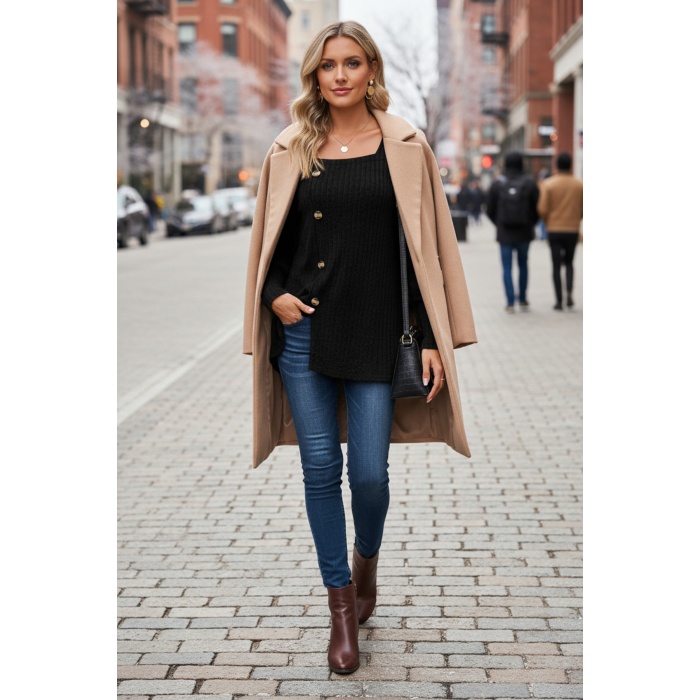 Kadın Uzun Kollu Düğmeli Mevsimlik Bluz – Yumuşak Dokulu, Esnek ve Sıcak Tutan Kumaş