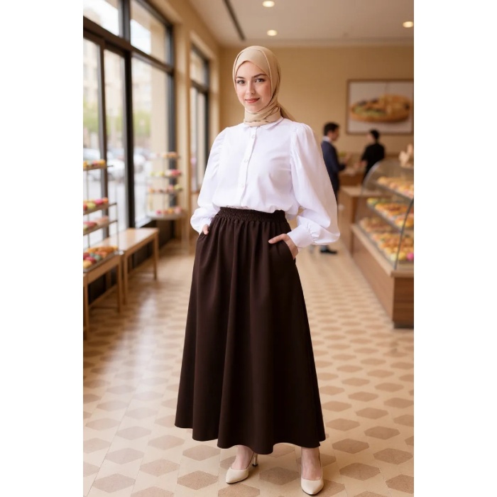 Kadın Kahverengi Double Kumaş Beli Lastikli Cepli Etek