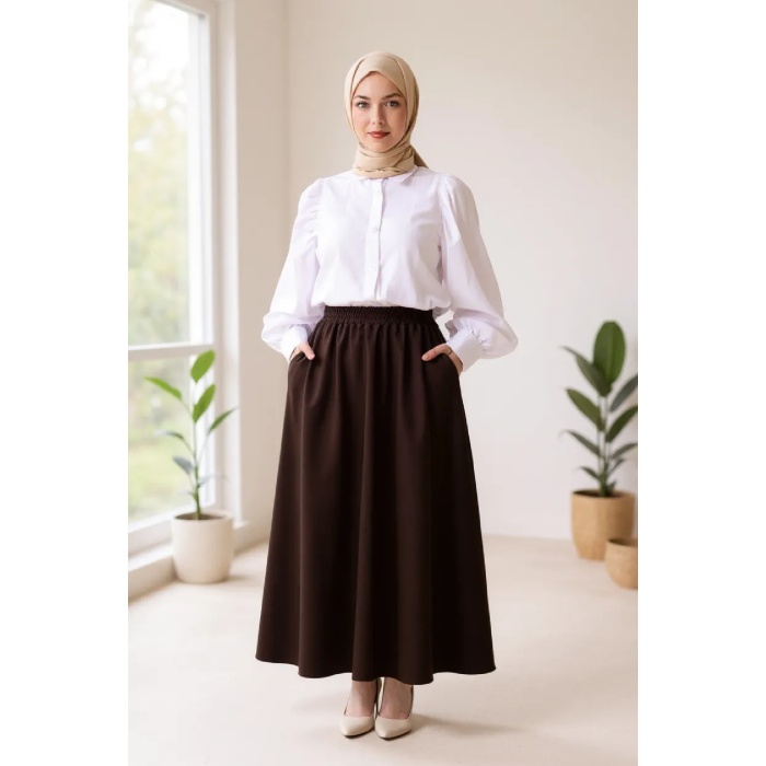 Kadın Kahverengi Double Kumaş Beli Lastikli Cepli Etek