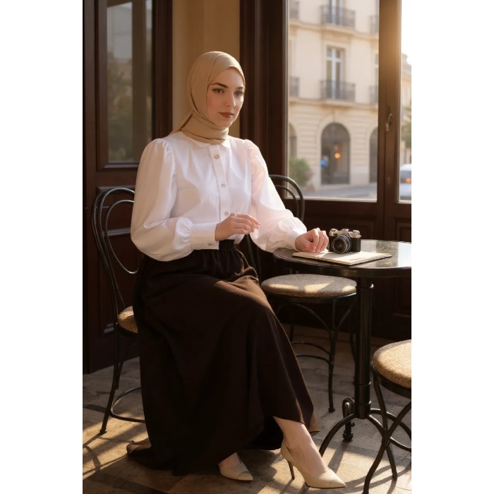 Kadın Kahverengi Double Kumaş Beli Lastikli Cepli Etek