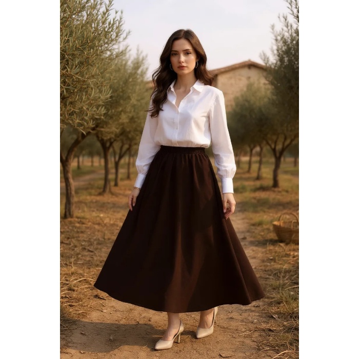 Kadın Kahverengi Double Kumaş Beli Lastikli Cepli Etek