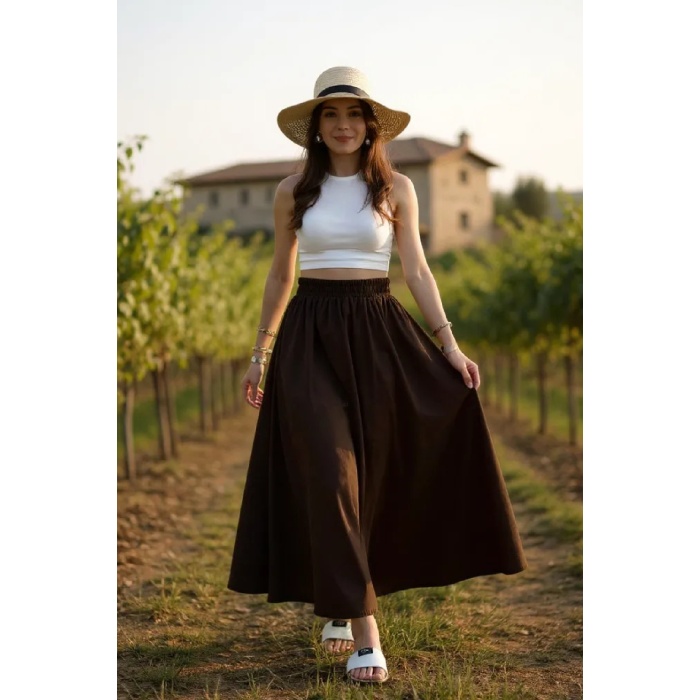 Kadın Kahverengi Double Kumaş Beli Lastikli Cepli Etek