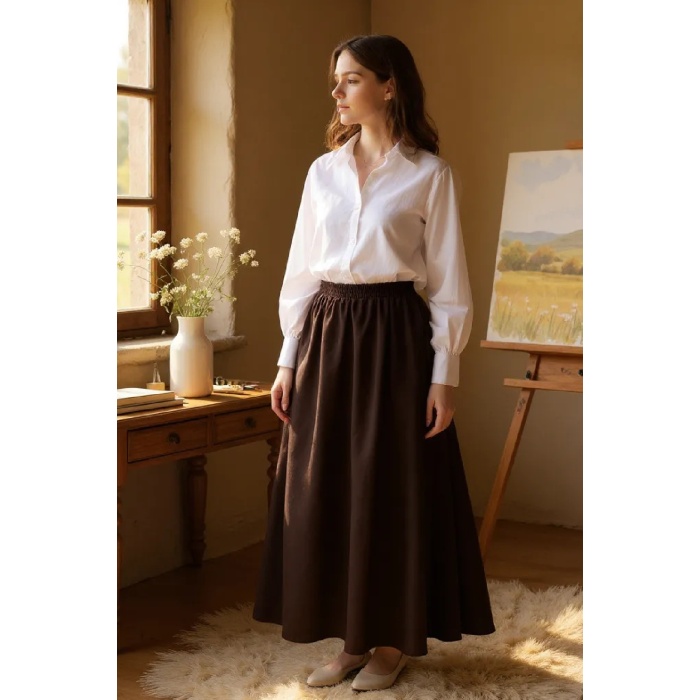 Kadın Kahverengi Double Kumaş Beli Lastikli Cepli Etek