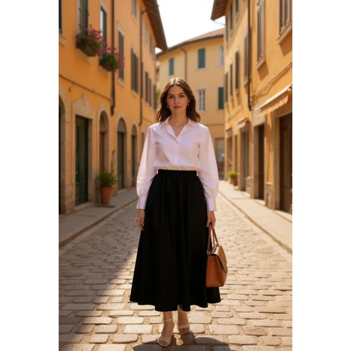 Kadın Siyah Double Kumaş Beli Lastikli Cepli Etek