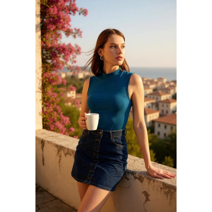 Kadın Mavi Kolsuz Balıkçı Yaka Basic Bluz