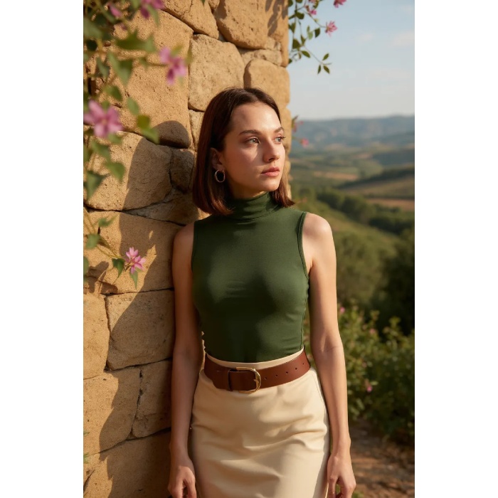 Kadın Haki Yeşili Kolsuz Balıkçı Yaka Basic Bluz