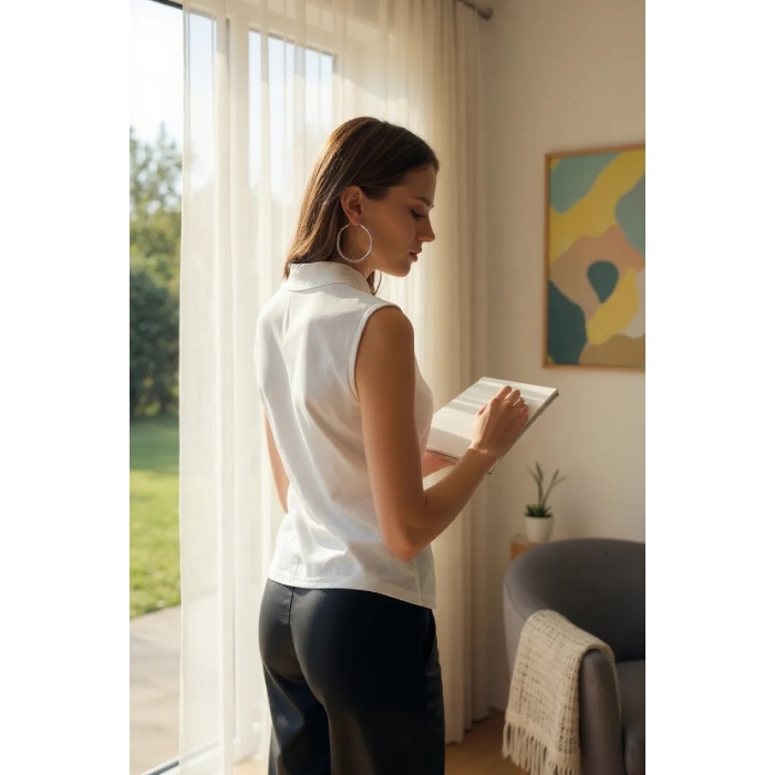 Kadın Beyaz Kolsuz Balıkçı Yaka Basic Bluz