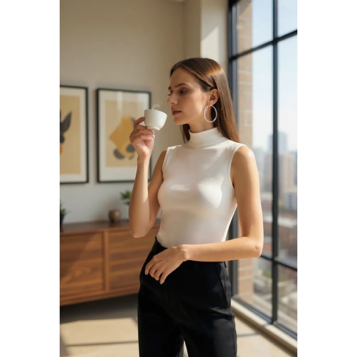 Kadın Beyaz Kolsuz Balıkçı Yaka Basic Bluz