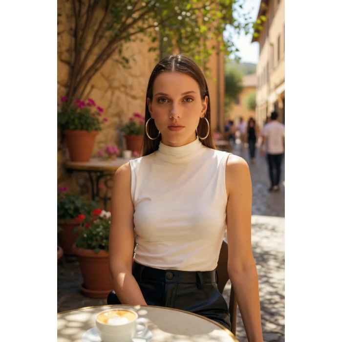 Kadın Beyaz Kolsuz Balıkçı Yaka Basic Bluz