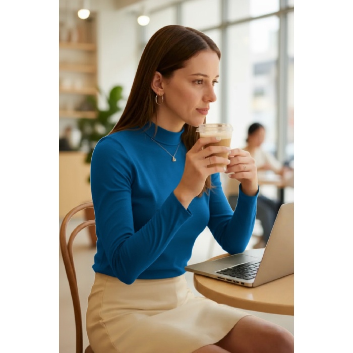 Kadın Mavi Parmak Detaylı Esnek Uzun Kollu Body