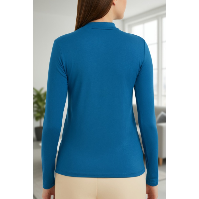 Kadın Mavi Parmak Detaylı Esnek Uzun Kollu Body