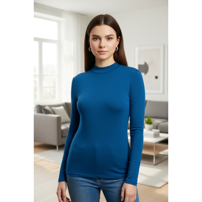 Kadın Mavi Parmak Detaylı Esnek Uzun Kollu Body