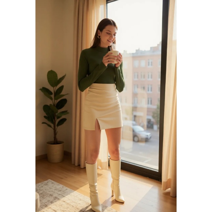 Kadın Haki Yeşili Parmak Detaylı Esnek Uzun Kollu Body