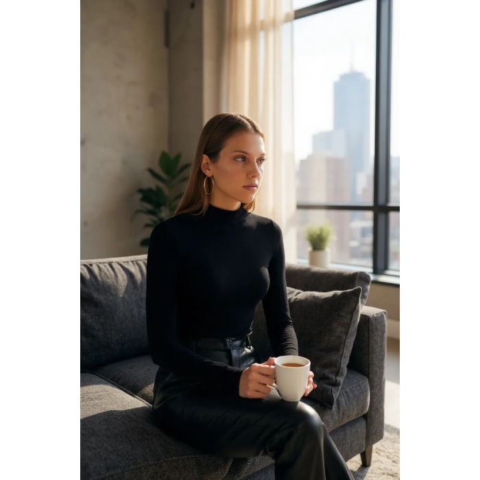 Kadın Siyah Parmak Detaylı Esnek Uzun Kollu Body