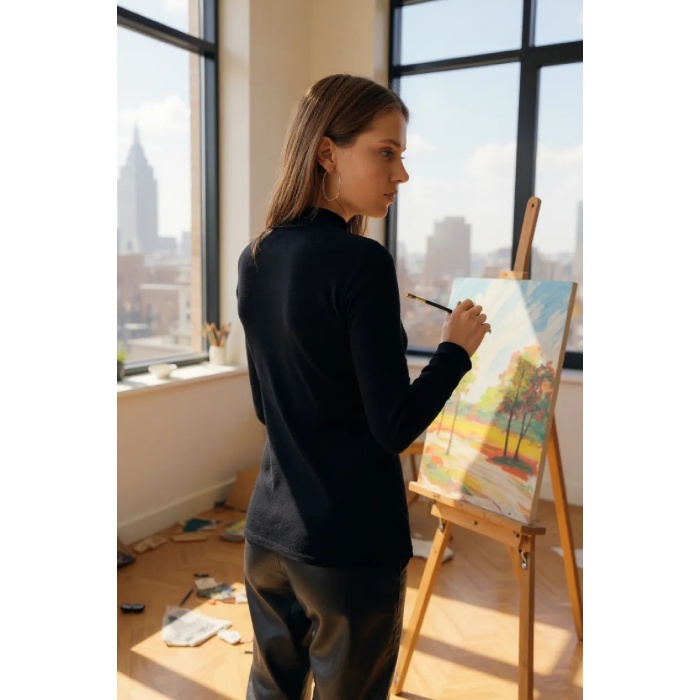 Kadın Siyah Parmak Detaylı Esnek Uzun Kollu Body