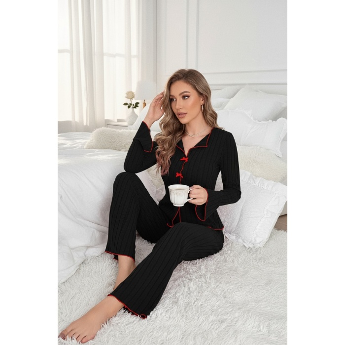 Kadın Siyah Kırmızı Biyeli ve Fiyonklu Uzun Kollu Mevsimlik Pijama Takımı