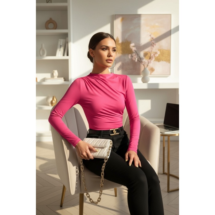 Kadın Fuşya Belden ve Boyundan Büzgü Detaylı Uzun Kollu Bluz