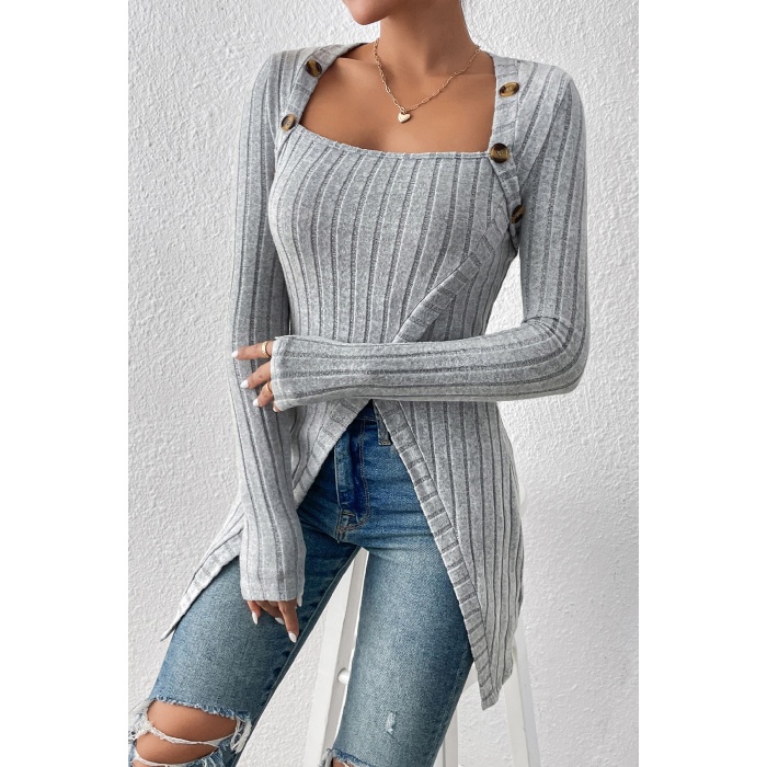 Kadın Gri Düğme Detaylı Kare Yaka Fitilli Asimetrik Etekli Uzun Kollu Bluz