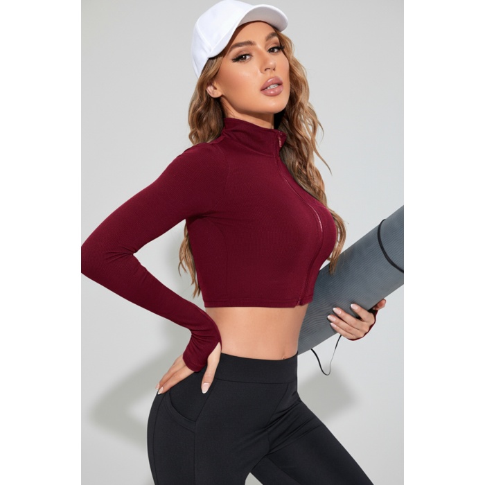 Kadın Bordo Uzun Kol Fermuarlı Parmak Geçme Detaylı Dik Yaka Crop Top Bluz
