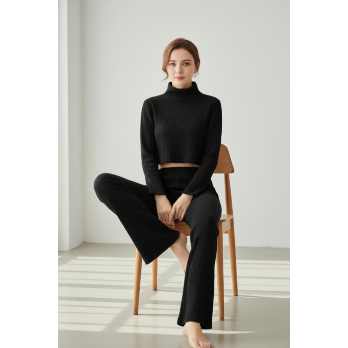 Kadın Siyah Fitilli Eşofman Takımı – Crop Uzun Kollu Üst & Paça Pantolon, Şık Günlük Set