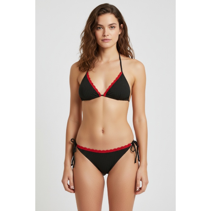Premium Kadın 4’lü Fitilli Set – Siyah Kırmızı Biyeli (Pijama Üst, Pantolon, Bikini Takımı)