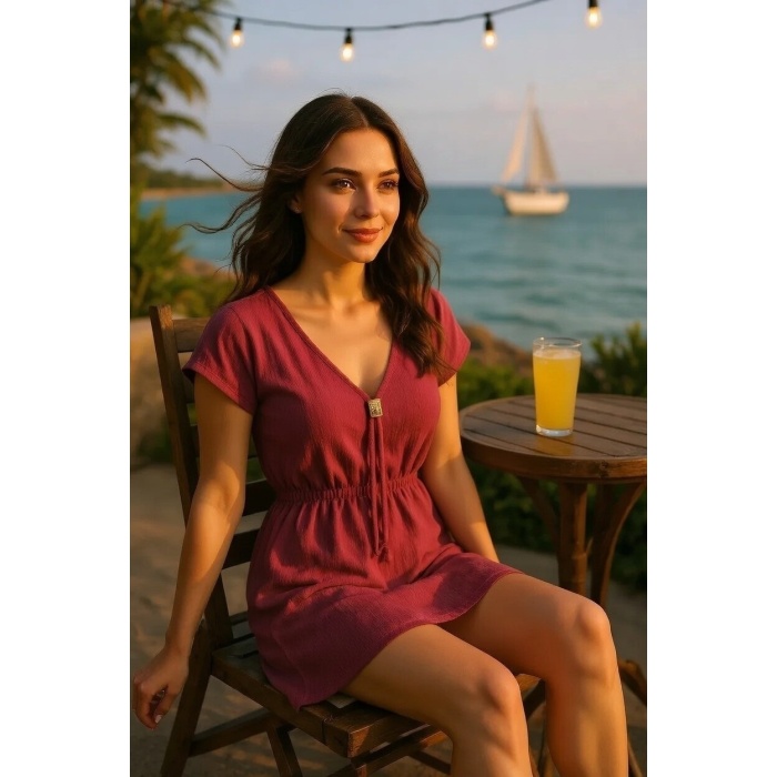 Kadın Bordo Yanları Yırtmaçlı Tokalı V Yaka Mini Plaj Elbisesi